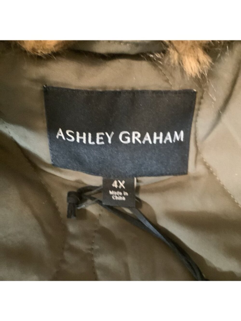 Ashley Graham 4X Olive Green Faux Leather Bomber Jacket W/ Brown Faux-Fur Hood - Picture 9 of 9